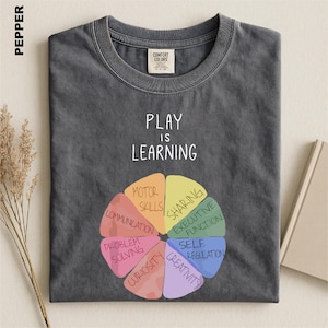 May include: A charcoal gray t-shirt featuring the white text "PLAY IS LEARNING" above a colorful pie chart graphic. The chart segments are labeled with "MOTOR SKILLS," "SHARING," "EXECUTIVE FUNCTION," "SELF REGULATION," "CREATIVITY," "CURIOSITY," "PROBLEM SOLVING," and "COMMUNICATION."