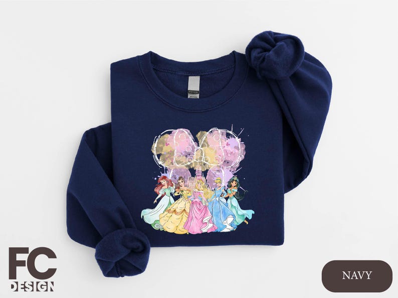 a blue sweatshirt with a picture of a group of princesses on it