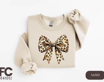 Leopard Print Coquette Bow Sweatshirt, Bow Shirt, Coquette Aesthetic Bow Crewneck, Trendy Cute Coquette Hoodie, Leopard Ribbon Shirt