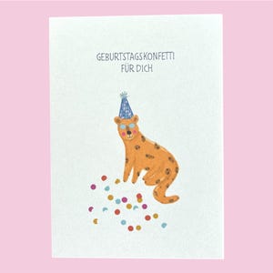 Geburtstagskonfetti für dich – Lustige Geburtstagskarte mit Leopard | Kinderkarte | Handillustrierte Grußkarte auf Kraftpapier