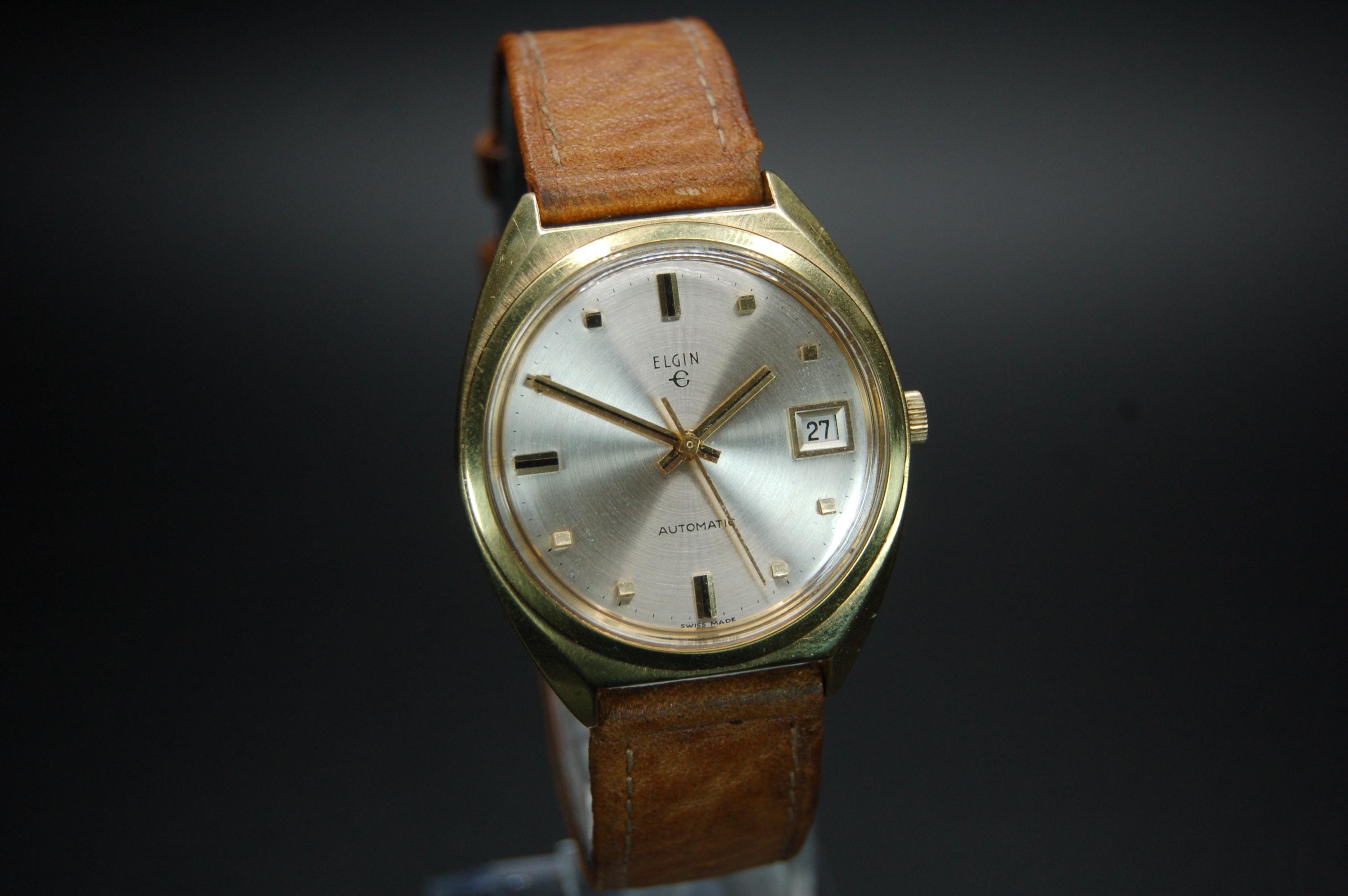Montre Bracelet Homme Automatique ELGIN Des Années 1960 - Mécanique, Cadran Argenté, Bracelet Marron