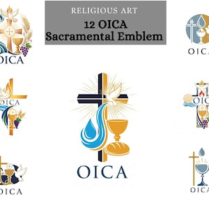 May include: A collection of religious art emblems featuring crosses, chalices, doves, and wheat. The emblems are in various designs with the text "OICA" and "Sacramental Emblem". The color palette includes gold, blue, and white.