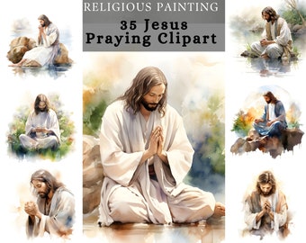 Jesus Praying Watercolor Clipart, Religious Scrapbook Art (Digital Download)