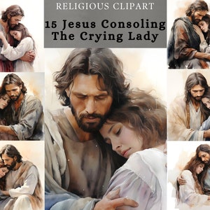 Gesù consola la signora Clipart, Dio con noi, Gesù con noi acquerello, disegno di sublimazione cristiana per diario di preghiera, scrapbooking
