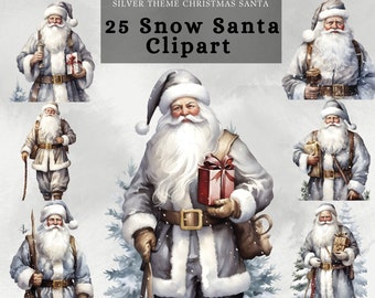 Puede incluir: Ilustraciones en acuarela de Papá Noel en varias poses, vistiendo un atuendo plateado y gris con una larga barba blanca. Algunos Papá Noel sostienen regalos, un bastón o una linterna. La imagen incluye el texto "Silver Theme Christmas Santa" y "25 Snow Santa Clipart".