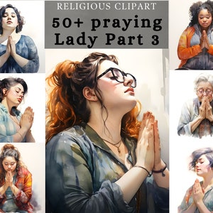 Betende Dame Clipart Vol 3, religiöse Dame Aquarell, Mädchen, die zu Gott betet, christliches Sublimationsdesign für Gebetstagebuch, Scrapbooking