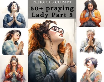 Praying Lady Clipart Vol 3 , Religious lady watercolor ,Girl Praying to God , Christian sublimation design  for prayer journal, Scrapbooking