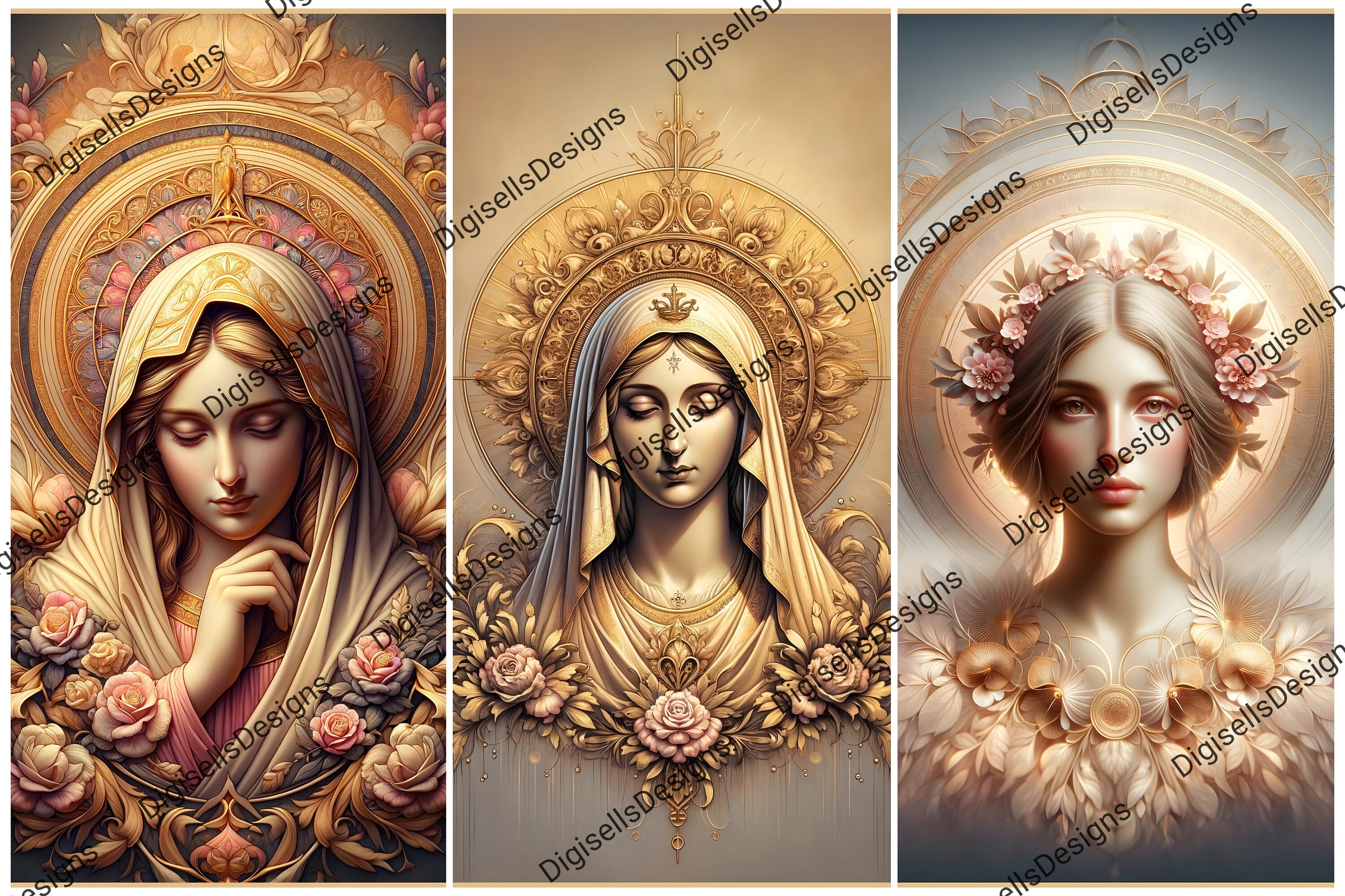 Digital Our Lady Holy Card , Mother Mary Prayer Card in Golden Pink ...