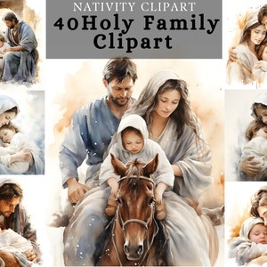 Clipart della Natività della Sacra Famiglia, disegno della scena della Natività, stampa della nascita di Gesù, clipart di Maria Giuseppe bambino Gesù, design del poster religioso