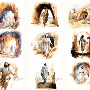 May include: A digital painting collage of nine images depicting Jesus Christ in various scenes from the Bible. The images are painted in a watercolor style with soft, muted colors. The scenes include Jesus walking out of a tomb, Jesus walking on water, and Jesus ascending into heaven.