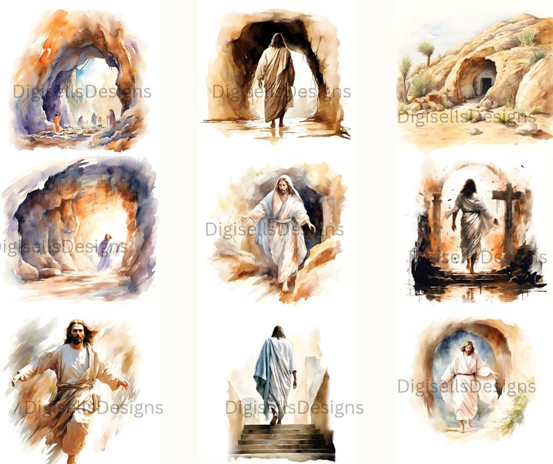 May include: A digital painting collage of nine images depicting Jesus Christ in various scenes from the Bible. The images are painted in a watercolor style with soft, muted colors. The scenes include Jesus walking out of a tomb, Jesus walking on water, and Jesus ascending into heaven.