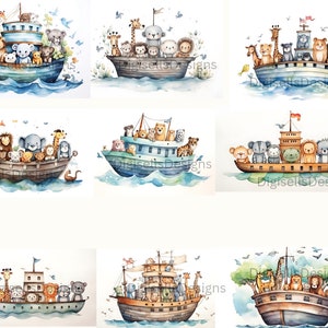 May include: A set of nine watercolor illustrations featuring various animals on a boat. The animals include a lion, giraffe, elephant, monkey, zebra, and bear. The boats are all different colors and styles. The illustrations are perfect for a nursery or children's room.