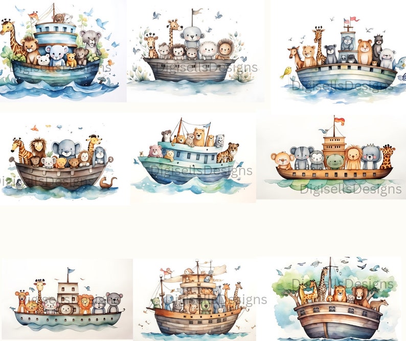 May include: A set of nine watercolor illustrations featuring various animals on a boat. The animals include a lion, giraffe, elephant, monkey, zebra, and bear. The boats are all different colors and styles. The illustrations are perfect for a nursery or children's room.