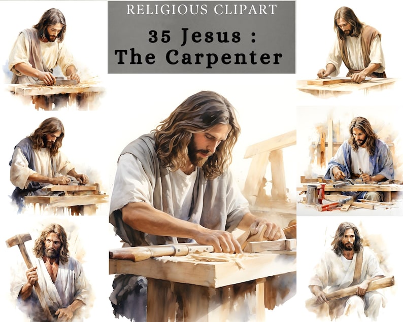 Jesus the Carpenter Clipart , Jesus Doing Wood Work , Watercolor Jesus