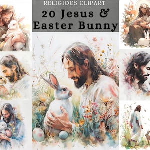Clipart de Jesús con conejito de Pascua, paquete de clipart floral de Pascua, diseño de póster de Jesús para álbumes de recortes, diario basura, digital o impresión
