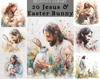 Jesus With Easter Bunny Clipart , Floral Easter Clipart bundle , Jesus poster design  for Scrapbooking, junk journal , digital or printing