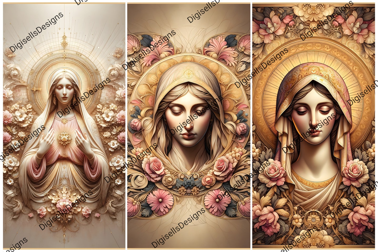 Digital Our Lady Holy Card , Mother Mary Prayer Card in Golden Pink ...
