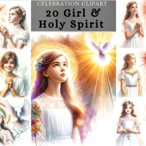 Eerste communie meisje clipart, meisje en heilige geest, aquarel conformatie ontwerp, devotionele sublimatie, god aanbidden, scrapbooking
