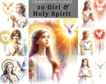 First communion Girl Clipart , Girl And Holy spirit, watercolor conformation design,devotional sublimation, god worshipping , scrapbooking