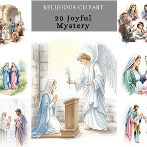 Joyful Mysteries clipartbundel voor het maken en sublimeren van kaarten. Afdrukbare religieuze kunst voor katholieke ambachten, scrapbooking, doe-het-zelfprojecten