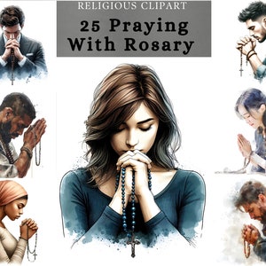 Betende Menschen mit Rosenkranz Clipart, betende Aquarell Dame, betender Mann zu Gott Clipart, christliches Sublimationsdesign für Gebetstagebuch