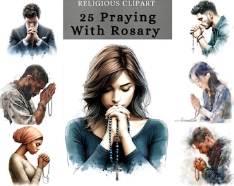 Praying People With Rosary Clipart , Lady praying watercolor , Man Praying to God Clipart , Christian sublimation design  for prayer journal