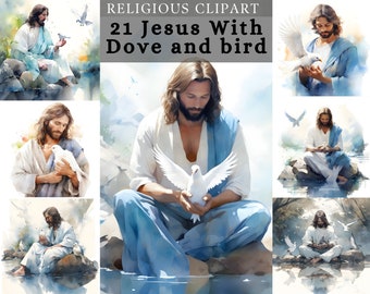 Jesus With Bird Clipart ,  Jesus in nature Painting ,  Calm Jesus With dove poster bundle  for Scrapbooking, junk journal , sublimation