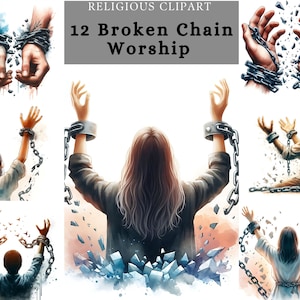 Clipart gebroken ketting, gebroken ketting uit de hand en aanbidden, mensen bevrijden met hun hand omhoog, devotionele sublimatieprint, godaanbidding