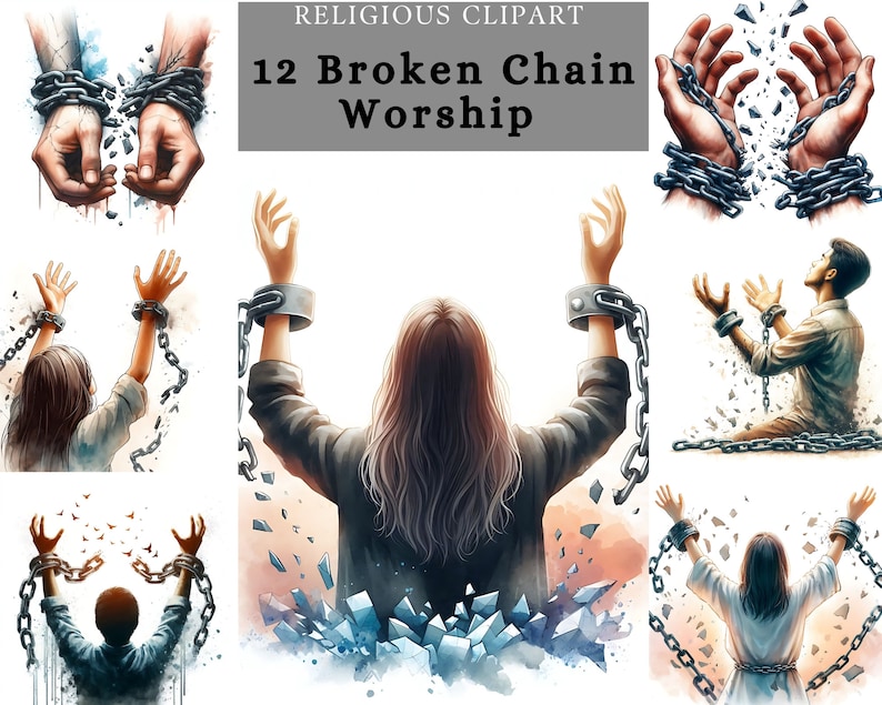 May include: A digital illustration of a person breaking free from chains. The chains are breaking apart and the person is reaching up with their arms raised. The background is a watercolor wash of blue and gray.