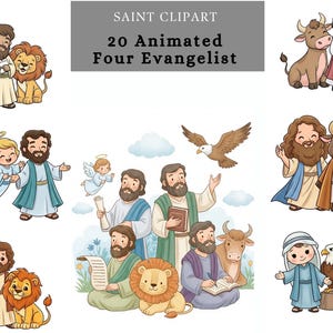 Vier Evangelisten Cartoon Clipart Bundle - Engel, Löwe, Ochse & Adler - Christliche Kunst für Kinder, Bibelgeschichten, Karten, Aufkleber, Sublimationsdruck
