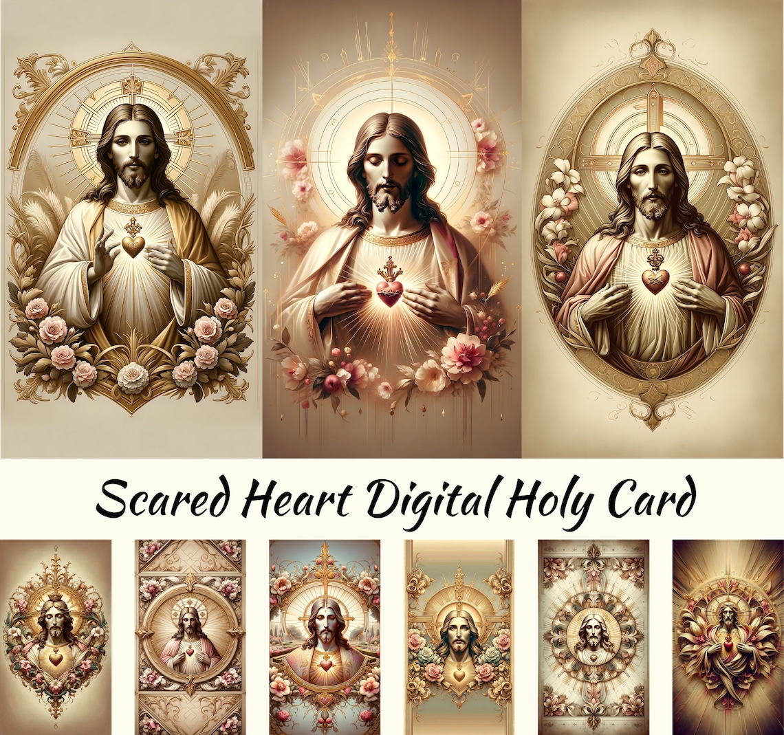 Sacred Heart of Jesus Holy Card, Jesus Prayer Card in Golden Pink Theme ...