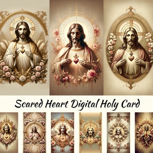Carte sacrée du Sacré-Cœur de Jésus, carte de prière de Jésus sur le thème rose doré, lot de 10, téléchargement immédiat, conception imprimable pour la création en papier