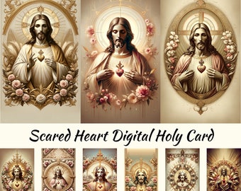 Sacred Heart of Jesus Holy Card Set, Golden Pink Prayer Cards (Digital Download)