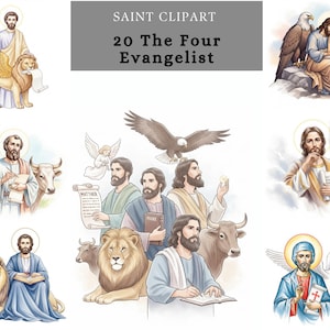 Paquete de imágenes prediseñadas de los Cuatro Evangelistas (California): Ángel, León, Buey y Águila. Arte cristiano en acuarela para niños, historias bíblicas, tarjetas, pegatinas y sublimación.