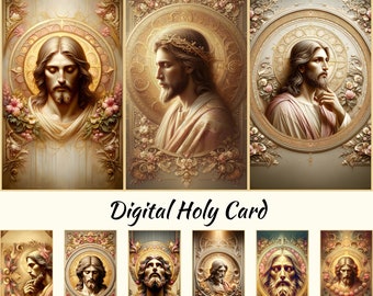 May include: A digital holy card with a gold background and ornate floral designs. The card features images of Jesus Christ in different poses and with different expressions.