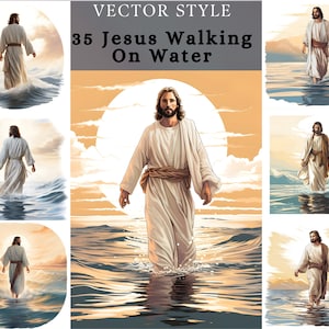 Jesus Walking on Water design , Jesus Holy Miracle Clipart , vector Christian digital sublimation , Church decor print , Jesus oil painting