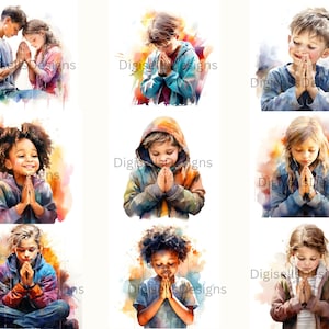 May include: A digital painting of nine children with their hands clasped in prayer. The children are of different ages and races, and they are all dressed in casual clothing. The background is a soft watercolor wash of colors.