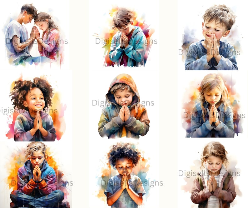 May include: A digital painting of nine children with their hands clasped in prayer. The children are of different ages and races, and they are all dressed in casual clothing. The background is a soft watercolor wash of colors.