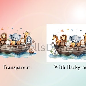 May include: Watercolor illustration of a boat filled with various animals, including a giraffe, lion, elephant, and rabbit. The animals are all smiling and looking happy. The boat is floating on a blue and white watercolor background.