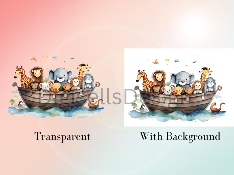 May include: Watercolor illustration of a boat filled with various animals, including a giraffe, lion, elephant, and rabbit. The animals are all smiling and looking happy. The boat is floating on a blue and white watercolor background.