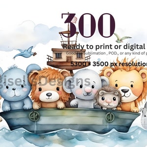 May include: A watercolor illustration of a group of cute animal friends, including a lion, a bear, a mouse, a giraffe, and a hedgehog, sailing on a boat. The animals are all smiling and looking happy. The boat is blue and white and has a number "300" on the sail. The background is a light blue sky with white clouds. The text "Ready to print or digital use" and "5300 x 3500 px resolution" is also included in the image.