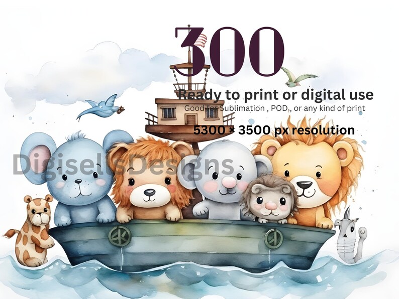 May include: A watercolor illustration of a group of cute animal friends, including a lion, a bear, a mouse, a giraffe, and a hedgehog, sailing on a boat. The animals are all smiling and looking happy. The boat is blue and white and has a number "300" on the sail. The background is a light blue sky with white clouds. The text "Ready to print or digital use" and "5300 x 3500 px resolution" is also included in the image.