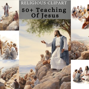 Lehre von Jesus Clipart, Jesus im Gespräch mit Menschen Aquarell-Design, Jesus und seine Anhänger Poster-Bundle für Scrapbooking, Junk-Journal