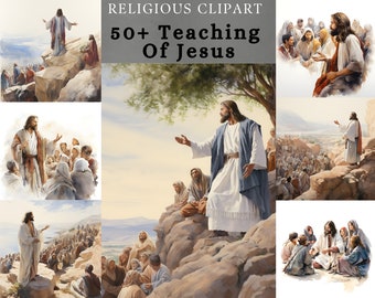 Teaching of Jesus Clipart , Jesus Talking to people watercolor design, Jesus and his followers poster  bundle for Scrapbooking, junk journal