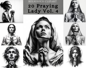 Praying Lady Clipart: Religious Charcoal Design (JPG, PNG)