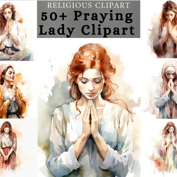 Betende Dame Clipart, religiöse Dame Aquarell, Mädchen, die zu Gott betet, christliches Sublimationsdesign für Gebetstagebuch, Scrapbooking
