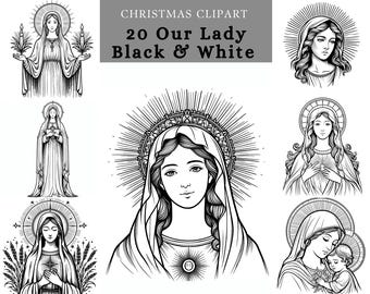 Sacred Mary Black and White Art Bundle: Ideal for DIY Coloring Pages, Faith-Based Crafts, and Sunday School Activities, sublimation design