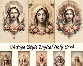 Our Lady Digital Holy Card , Mother Mary prayer card in Vintage theme, Set of 8 , instant download, printable design for paper craft