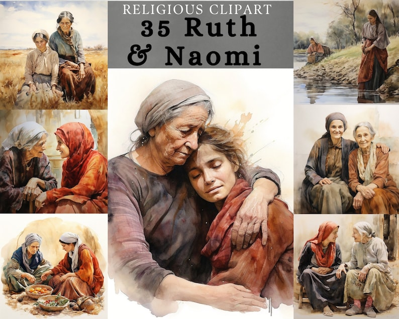May include: A watercolour painting depicting scenes from the biblical story of Ruth and Naomi. The painting features multiple scenes of the two women together, including them walking by a river, sitting together, and embracing. The painting is titled "35 Ruth & Naomi" and is labelled "Religious Clipart".