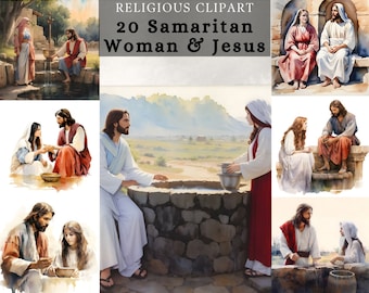 Mujer Samaritana y Jesús, historia bíblica acuarela clipart, Descarga digital para Sublimación Scrapbooking Diario basura y arte de pared